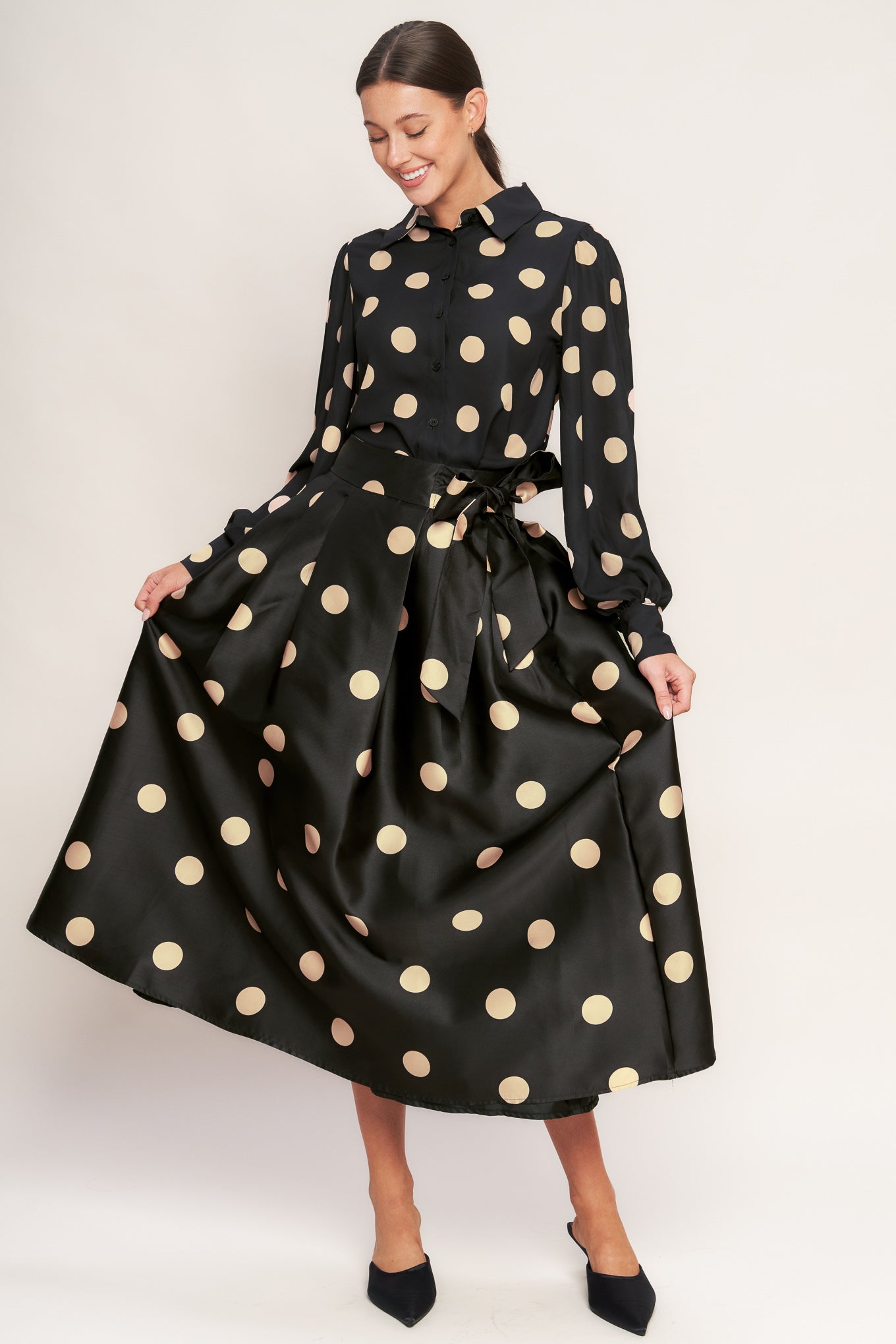Moonlight Dots Woven Full Midi Skirt With Side Zipper Tie Flying Tomato